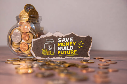 Save Money Build Future Concept with Glass Jar Full of Coins and Financial Planning Message.