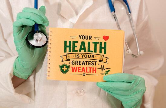 Doctor Holding Notebook with Your Health Is Your Greatest Wealth Motivational Message
