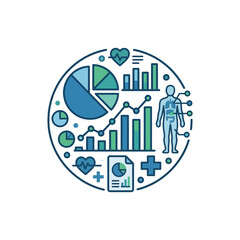 Obraz premium Medical data visualization displays a circular arrangement of health statistics, human anatomy icons, and clinical charts for professional reporting.