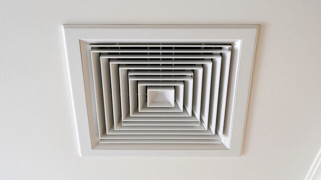 A close-up view of a modern white square ceiling air diffuser vent. Ideal for HVAC, ventilation, and interior design concepts.