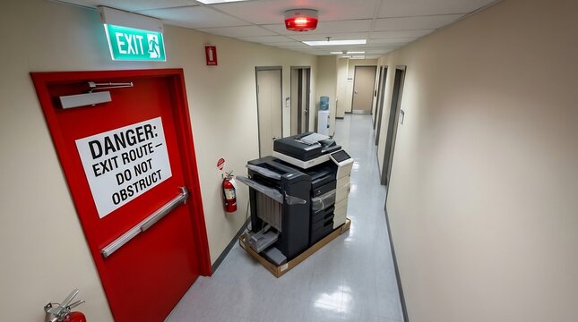 Red exit door blocked by office equipment in a dimly lit corporate hallway