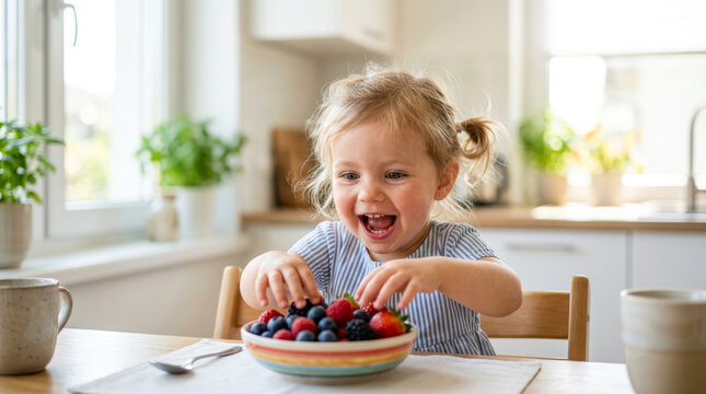 Joyful toddler girl happily eating a bowl of fresh berries at a kitchen table