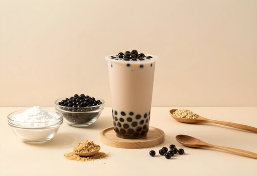 Bubble milk tea with tapioca pearls and ingredients on a light beige background, refreshing beverage