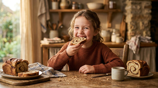 Happy young girl enjoying a slice of cinnamon swirl bread at a rustic kitchen table