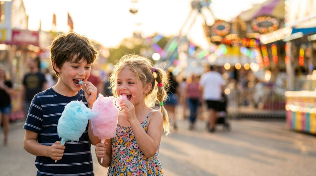 Children enjoying sweet cotton candy at a vibrant amusement park during sunset