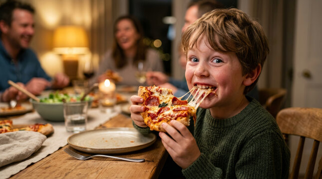 Joyful boy eating cheesy pepperoni pizza with family at dinner table