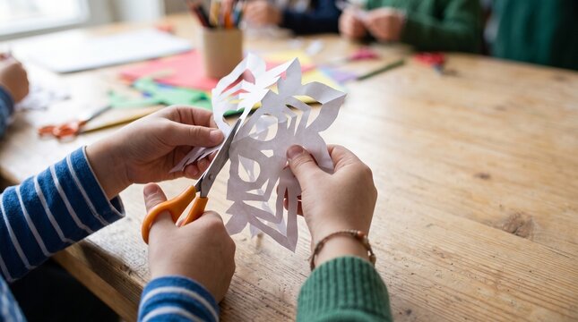 Close-up of children's hands cutting paper snowflakes at a table in a focused creative activity. Holiday craft photo for children's product brands and school marketing.
