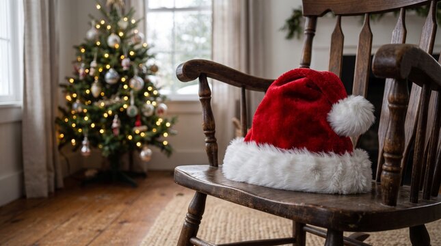 Red Santa hat resting on an empty wooden rocking chair near a decorated Christmas tree. Holiday product photo for seasonal decor brands and home accessory marketing.