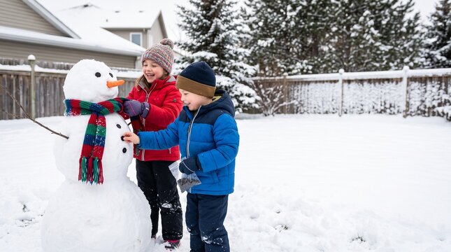 Children decorating a snowman with a scarf and buttons in a snowy backyard with joyful expressions. Winter holiday photo for children's brands and outdoor activity marketing.