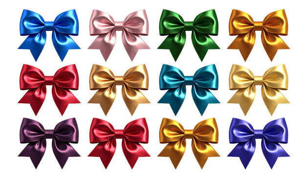 A collection of twelve vibrant, satin-finish bows in an organized grid, showcasing a spectrum of rich colors including blue, pink, green, gold, red, teal, purple, and royal blue
