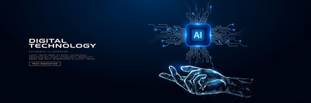 Artificial intelligence concept with a glowing digital circuit board chip hovering above a low poly human hand on a dark blue background