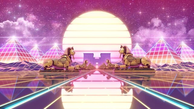 Synthwave Outrun Egyptian Sphinx Loop Neon Pyramid Sunset Highway 4K
