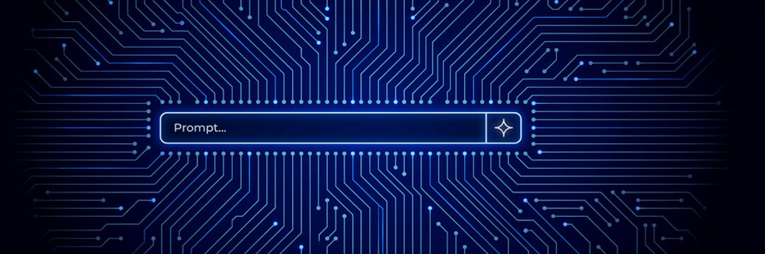 Artificial intelligence search bar interface with glowing blue circuit board lines and a sparkle on a dark background, for tech concepts