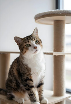 Tabby cat with green eyes sitting on a wooden cat tree looking up, domestic pet and animal care concept, this domestic pet embodies comfort and companionship within a home environment