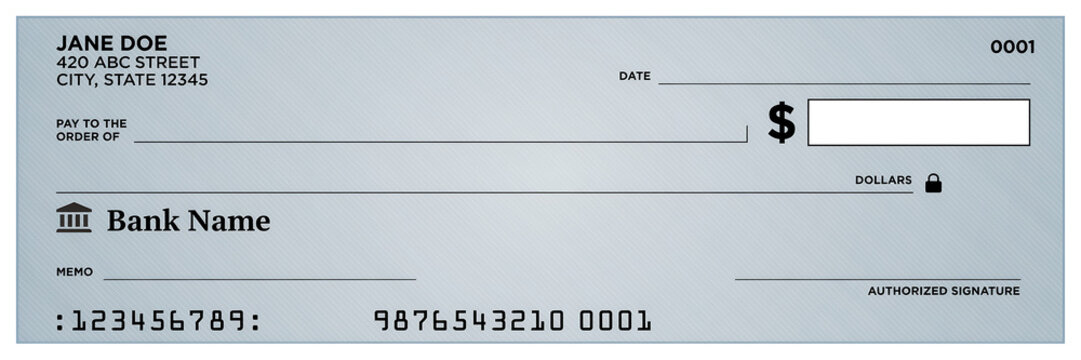 Blank bank check template with fields for date, payee, amount, and signature, featuring a clean layout on a light blue gradient background