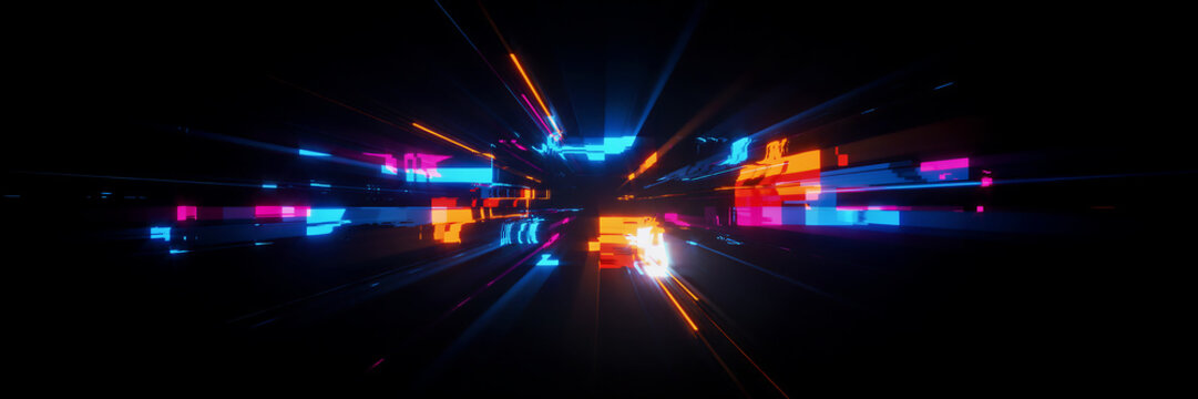 Dynamic abstract background, with glowing neon, light trails and, colorful digital streaks, bursting from the, center on a, deep black canvas