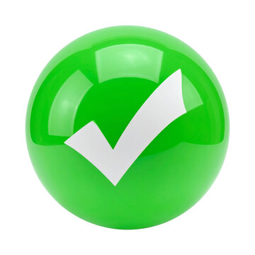 Checkmark green sphere icon showing a glossy 3D button with a white tick symbol for approval, correct choice, confirmation, or positive status&nbsp;