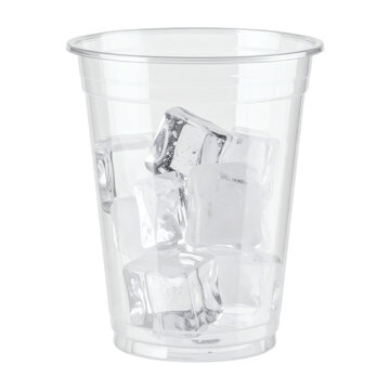 Empty plastic cup containing several frozen ice cubes for refreshing cold drinks, studio photography shot&nbsp;&nbsp;