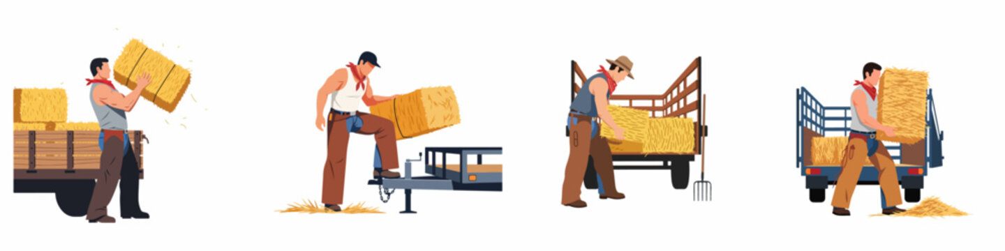 Set of illustrations depicting a strong farmworker loading heavy hay bales onto trailers, showcasing agricultural labor and ranch life.