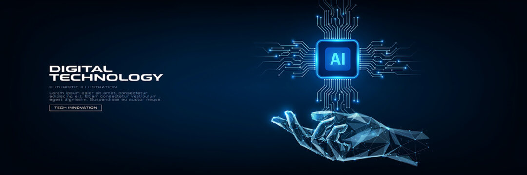 Futuristic artificial intelligence concept featuring a glowing digital circuit board chip hovering above a low poly human hand on dark blue