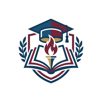 Scholarly badge with torch, mortarboard, and book.
