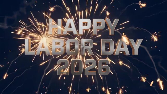 Happy Labor Day 2026 animated greeting card. 3D metallic typography with bright golden fireworks exploding in the night sky. Festive holiday video background and motion design.