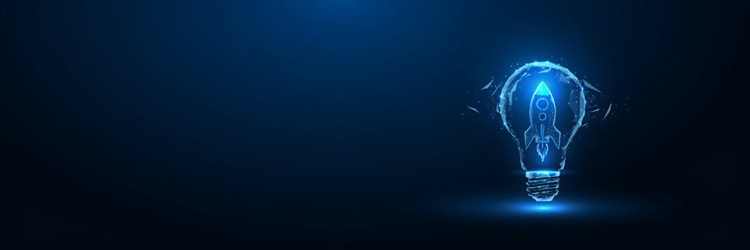 Glowing blue light bulb containing a rocket ship silhouette, digital wireframe style on a dark blue background, for innovation