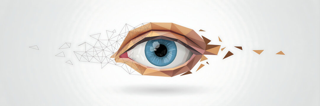 Low poly human eye with blue iris and geometric triangular shapes dissolving into a wireframe mesh on a plain light gray background