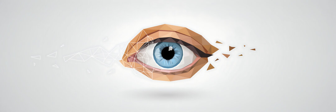 Low poly human eye with blue iris and geometric triangular shapes dissolving into a wireframe mesh on a plain light gray background