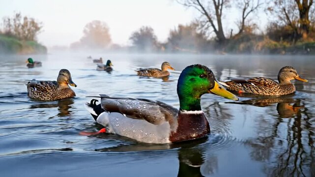 Morning peaceful scene with ducks floating on a calm river with reflections of trees and fog