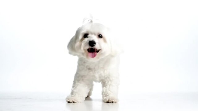 Happy white Maltese dog stands on white surface, panting and shaking its head excitedly, showcasing its personality