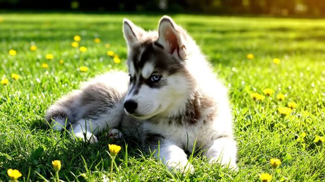 Adorable husky puppy with striking blue eyes resting comfortably on lush green grass in the sunlight