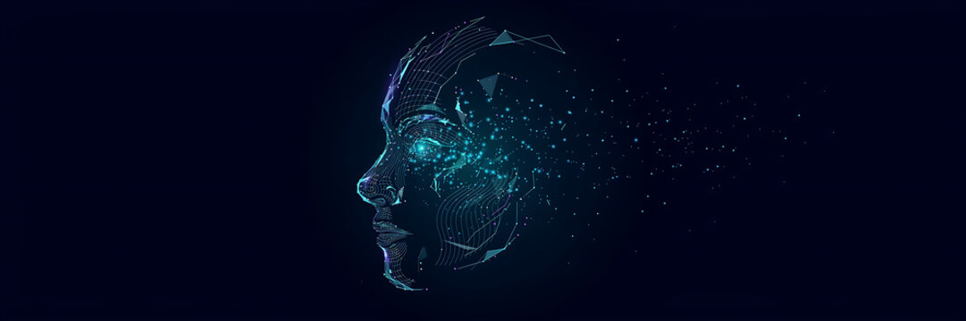 Profile of a human head formed by glowing blue digital particles and geometric lines, fading into a dark background, representing technology