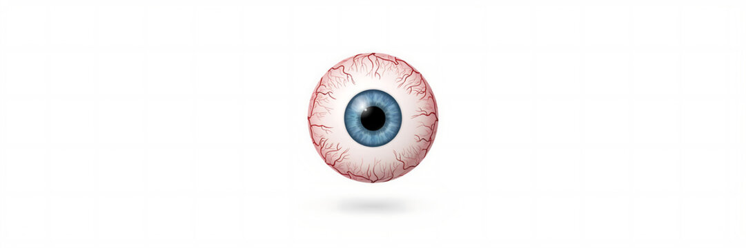 Realistic human eyeball with blue iris and visible red vessels isolated on a plain white background, for medical