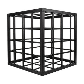 Metal cage cube made of black iron bars with a hollow interior structure for industrial or artistic design projects displayed&nbsp;