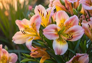 Fototapeta premium Pink and yellow alstroemeria flowers blooming in a garden with soft natural light, close up view of petals and stamens, the blossoms are illuminated by soft natural light