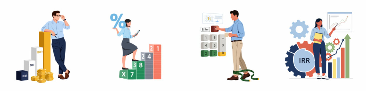 Collection of business and financial concept illustrations featuring professional people working with data charts graphs and investment symbols for growth and success