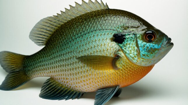 Close up of a bluegill fish on white background. Detailed scales and fins are visible on this aquatic creature. Ideal for food or nature themes.