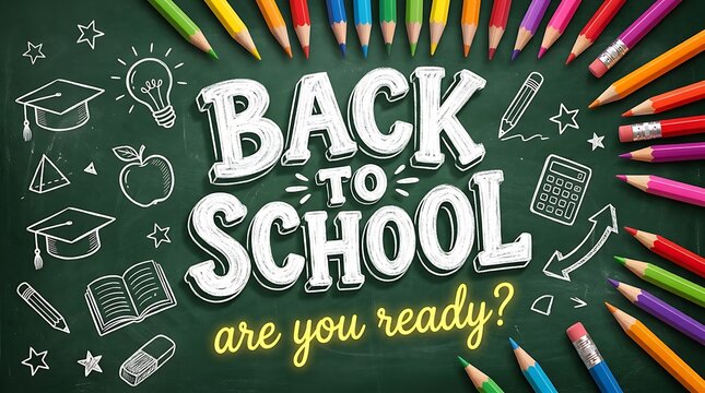 Chalkboard features a decorative back to school message surrounded by colorful pencils.
