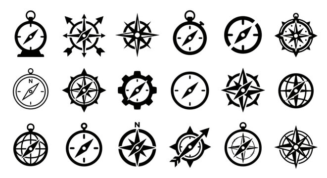 Collection of Compass Icons and Navigation Symbols, Vector Graphics for Design and Travel Concepts