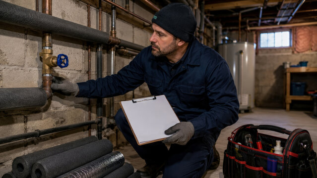 Experienced male technician examining home utility pipes and brass valve in dimly lit basement, meticulously performing detailed plumbing inspection with tools nearby.