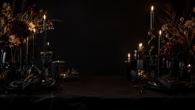 Elegant dark moody dinner table setting with black candles, flickering flames, dried floral arrangements, and sophisticated tableware against minimalist black background
