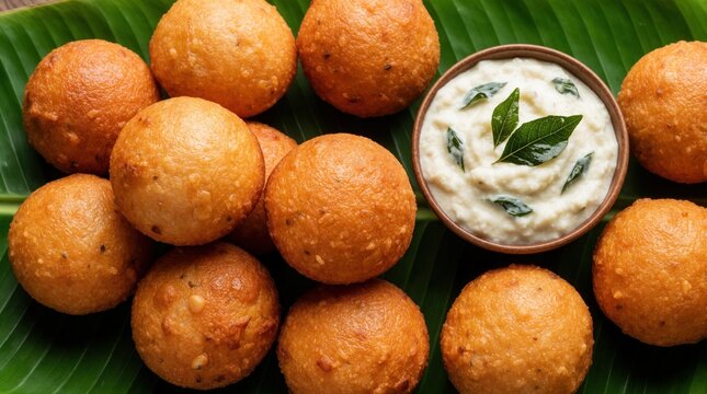 Golden fried punugulu balls served with fresh coconut chutney on green banana leaf. Indian breakfast snack appetizer from Andhra Pradesh region. Delicious vegetarian street food crispy fritters.