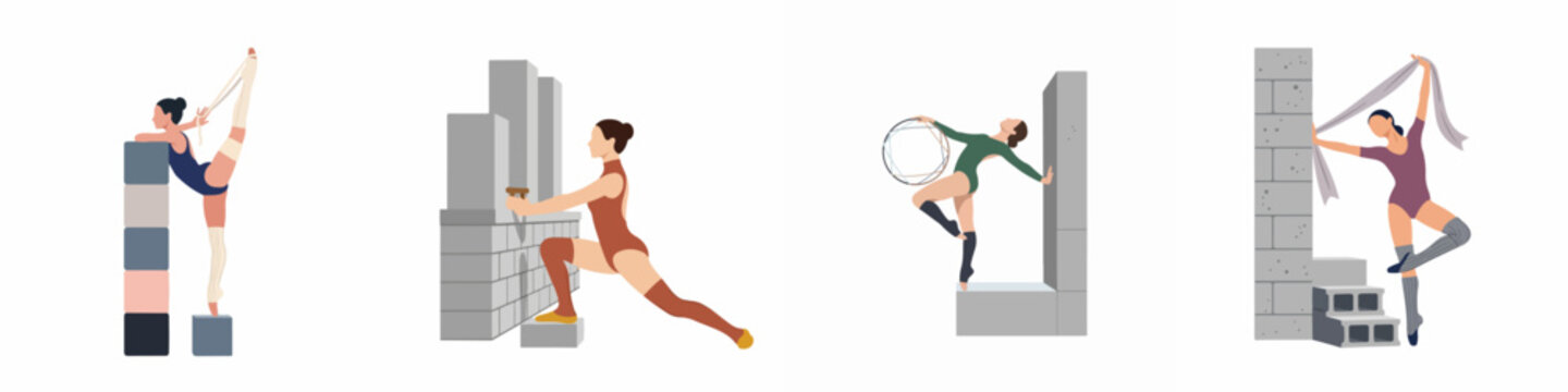 Minimalist flat illustrations of female rhythmic gymnasts and ballet dancers performing elegant poses with geometric architectural elements and blocks on a white background.