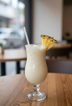 Creamy pina colada cocktail with a pineapple wedge and straw on a wooden table in a cafe setting, the refreshing tropical drink sits on a warm wooden table inside a cafe or restaurant