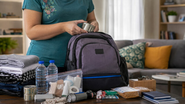 Home Preparedness: woman diligently packs her emergency go-bag, filling backpack with crucial survival supplies, bottled water, non-perishable food, and essential first aid items.
