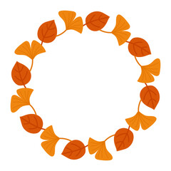 Fototapeta premium Elegant autumn wreath with maple and leaves in warm seasonal colors. Flat vector floral frame isolated on white background with circular copy space.