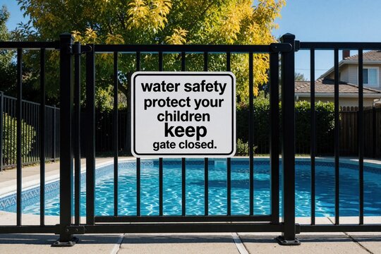 Metal fence around blue swimming pool in backyard. White sign warns about water safety, child protection. Closed gate blocks entry to prevent accidents. Residential house environment outdoors on