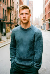 Fototapeta premium Young man with freckles wearing a gray knitted sweater standing on a city street with Buildings in the background, Buildings line the background, creating an urban setting