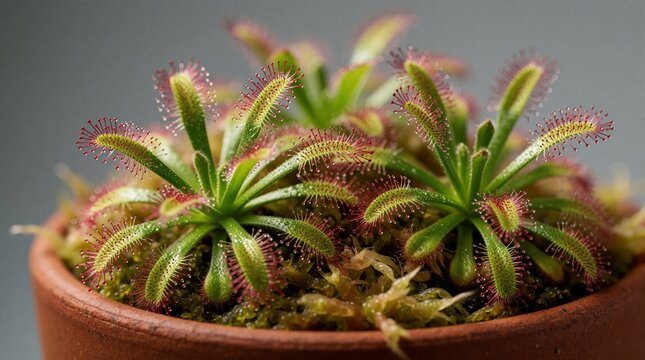 Drosera burmannii sundew plant grows inside terracotta pot. Close up view shows sticky red tentacles on green leaves. Carnivorous flora traps small insects in humid greenhouse. Rare exotic species